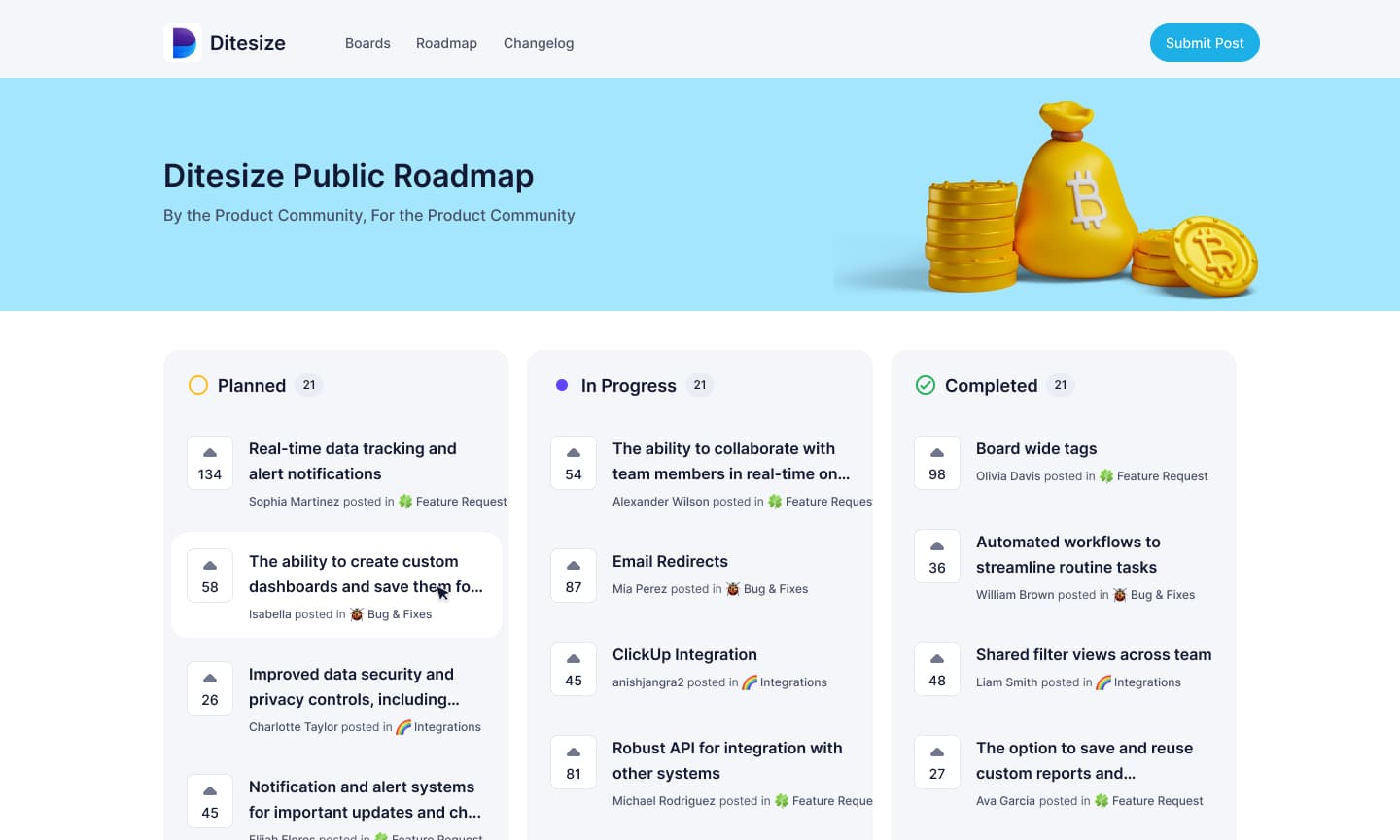 Different design examples of Supahub's public feedback portal