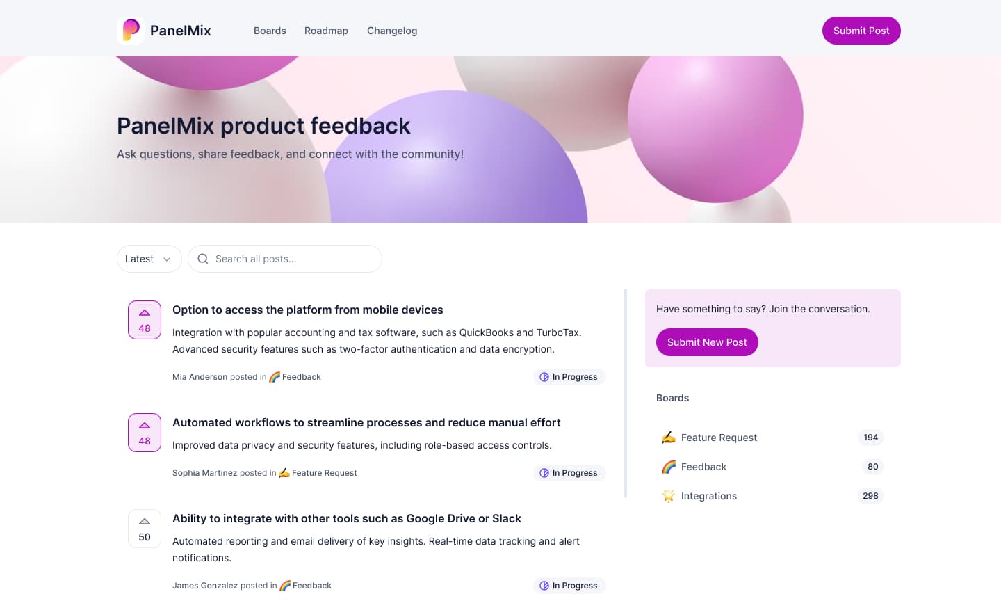 Different design examples of Supahub's public feedback portal